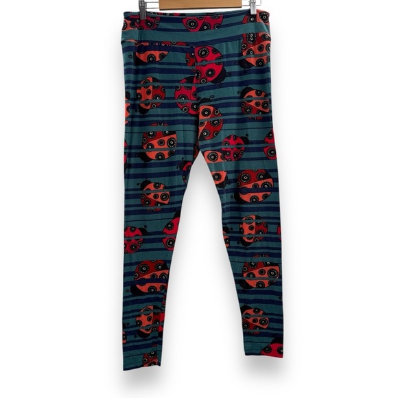 Lularoe Blue, Black & Red Striped Lady Bug Print High Rise Leggings Tall & Curvy - Picture 1 of 10
